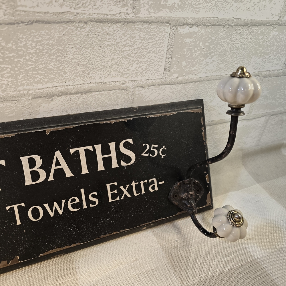 Wood Bathroom Towel Holder 4 Ceramic Hooks Hot Baths 25 Cents Soap Faux Antique - Picture 6 of 7